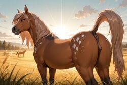 1girls 2026 ai_generated animal_genitalia animal_pussy anus ass bodily_fluids brown_body brown_fur equid equine equine_anus equine_pussy female female_only feral fur furry genital_fluids genitals horse horse_pussy in_heat kyranthos light looking_at_viewer mammal mane meadow nude pussy pussy_juice raised_tail rear_view seductive smile solo solo_female sunlight tagme tail