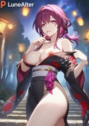 1girls ai_generated alternate_costume big_ass big_breasts big_butt big_nipples big_thighs exposed_breasts exposed_nipples female female_focus female_only finger_in_mouth forest_background honkai:_star_rail hoyoverse kafka_(honkai:_star_rail) kimono looking_at_viewer lunealter mature_female mihoyo night night_sky pale-skinned_female pale_skin purple_eyes purple_hair showing_breasts thick_ass thick_butt thick_legs thick_thighs
