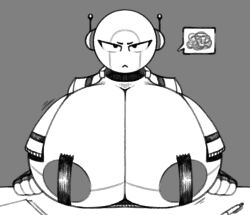angry_expression big_breasts labcoat machinesymmetry robot source_request staring_at_viewer