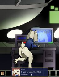 2017 anthro ass bottomless breasts cave_story clothed clothing computer cum cum_drip cum_in_pussy cum_inside digital_media_(artwork) dripping english_text female fur hi_res lagomorph mammal mimiga presenting pussy raised_tail reflection sexylopunny solo sue_sakamoto text video_games white_fur