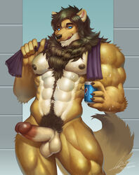 2016 5_fingers abs anthro balls biceps big_pecs big_penis biped blue_eyes body_hair brown_fur brown_hair brown_nipples brown_nose can canine circumcised claws digital_media_(artwork) digital_painting_(artwork) elan erection feline fluffy fluffy_tail front_view fur furry_only glans glossy_glans hair happy_trail hi_res huge_muscles humanoid_penis hybrid licking licking_lips lion looking_at_viewer male male_only mammal mane mane_hair manly multicolored_fur muscular muscular_male navel nipples no_humans nude o'connell pecs penis pepsi portrait pubes raccoon21 signature snout soft_shading solo standing sweat tan_fur three-quarter_portrait tongue tongue_out towel two_tone_fur vein wolf