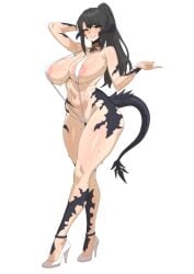 akazuan_19 areola_slip arm_behind_head armpit_crease au_ra black_hair blush breasts brown_eyes cleavage commission dragon_horns dragon_tail eyebrows_hidden_by_hair female final_fantasy final_fantasy_xiv from_side full_body groin high_heels highres horns large_breasts long_hair looking_at_viewer makeup navel original sapphira_nyx scales second-party_source shoes sideboob simple_background slingshot_swimsuit smile solo stiletto_heels stomach sweat swimsuit tail warrior_of_light_(ff14) white_background white_shoes white_slingshot_swimsuit