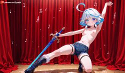 1girls ai_generated blue_eyes blue_hair breasts dancing female female_only furina_(genshin_impact) genshin_impact looking_at_viewer navel nipples solo topless topless_female