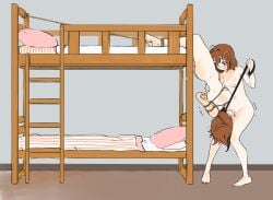 2girls arms_behind_back bed blush bondage bound bound_ankles breasts brown_eyes brown_hair bunk_bed commission completely_nude cunnilingus eudetenis femdom futaba_(pretzelfan) hair_ornament hand_on_another's_back highres ichika_(pretzelfan) incest indoors ladder large_breasts multiple_girls nipples nude oral original restrained rope second-party_source short_hair siblings sisters small_breasts suspension sweat twincest twins upside-down yuri