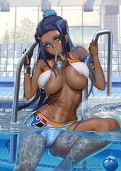 1girls big_breasts blue_eyes blue_hair dark-skinned_female dark_blue_hair dark_skin eye_contact female large_breasts looking_at_viewer muscular_female nessa_(pokemon) nintendo patreon_username pokemon pokemon_ss shirt_lift shorts teemu_rasinkangas teemu_taiga thick_thighs thighs two_tone_hair url wide_hips