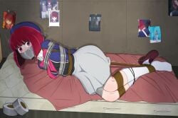 1girls arima_kana arms_behind_back autotape beret bondage bound bound_ankles bound_arms bound_knees bound_legs bound_thighs bound_wrists captured captured_female captured_heroine duct_tape duct_tape_gag female female_only gag gagged helpless helpless_female hostage kidnap kidnapped kidnapped_female kidnapped_girl missing_shoe on_mattress one_shoe oshi_no_ko pictures pictures_in_background red_eyes red_hair rope rope_bondage scared scared_expression stalker struggling tape_gag tied_up worried