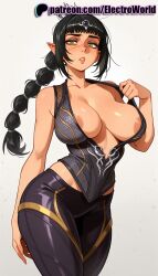 1girls 2026 ai_generated artist_name baldur's_gate_3 big_breasts big_chest black_hair blush breasts bust busty chest electroworld elf exposed_nipples female gradient gradient_background green_eyes hi_res high_quality high_resolution highres large_breasts long_hair low-tied_long_hair nipples nipples_outside patreon patreon_username pointy_ears shadowheart solo stable_diffusion watermark