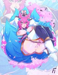 ahri animal_ears animal_humanoid animal_tail anus areola big_breasts bite biting_lip biting_own_lip blue_body blue_eyes blue_fur blush bound breasts canid canid_humanoid canine canine_humanoid clothed clothing eyelashes female fox_humanoid front_view frostedink fur genitals hair hands_tied hi_res humanoid inner_ear_fluff league_of_legends looking_at_viewer mammal mammal_humanoid multi_tail nipples no_underwear pink_areola pink_body pink_fur pink_hair pink_nipples riot_games self_bite solo spirit_blossom_ahri spirit_blossom_series tail tan_body tan_skin tencent thick_thighs tuft vulva wide_hips