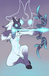 2017 absurdres anthro barefoot blue_eyes bow_(weapon) breasts caprine female fur furry glowing glowing_eyes highres holding_object holding_weapon hooves kindred lamb_(league_of_legends) league_of_legends long_ears mammal mask nipples nude pussy ranged_weapon riot_games sheep simple_background small_breasts solo spirit suicidebones weapon white_fur white_hair