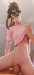 1boy 1boy1girl 1girls 3d 3d_(artwork) arms_back big_penis blender blender_(software) blender_cycles female_torso fortnite fortnite:_battle_royale hair_ornament helsie_(fortnite) looking_at_partner looking_at_viewer looking_down mostly_nude only_shirt pov riding_penis shirt_lift sitting_on_penis smaller_female stretched_pussy tiny_waist tm04