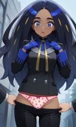 1boy 1girls ai_generated assisted_exposure black_hair black_jacket black_pants blue_eyes blue_gloves dark-skinned_female dark_skin exposed_panties geeta_(pokemon) gloves humiliated humiliation long_hair male_pov multicolored_hair panties pants_pull pink_panties pokemon pokemon_sv public public_exposure pulling_another's_clothes strawberry_panties strawberry_print underwear undressing_another