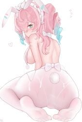 alternate_breast_size animal_ears aqua_eyes aqua_hair ass back breast_curtains breasts chinese_commentary commentary_request cum cum_on_ass cum_on_body fake_animal_ears fake_tail female from_behind highres honkai:_star_rail honkai_(series) hyacine_(honkai:_star_rail) large_breasts looking_at_viewer medium_hair multicolored_hair no_shoes pantyhose pink_hair playboy_bunny rabbit_ears rabbit_tail simple_background soles solo tail twintails two-tone_hair white_background white_pantyhose winter_eclipse