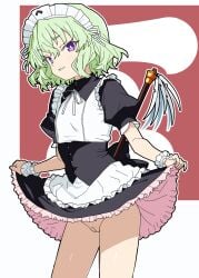 apron black_dress cleft_of_venus clothes_lift dress dress_lift duster female flat_chest green_hair highres looking_at_viewer maid maid_headdress matuo3232 mouri_teru no_panties parted_lips purple_eyes pussy rance_(series) sengoku_rance short_hair smile solo