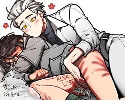 alva_lorenz bite_marks blush blush cat_eyes english_text fingering gay_sex hand_markings hoodie identity_v korean_text luca_balsa male male_only size_difference touching_crotch trembling white_suit yaoi yellow_eyes