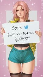 blue_shorts chloe_(sciamano240) earrings looking_at_viewer mirco_cabbia oc original original_character pink_eyes pink_hair pink_nail_polish pink_nails sciamano240 signature simple_background smile smiling smiling_at_viewer sparkles twitter twitter_username
