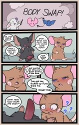 absurd_res balls blue_eyes bodily_fluids body_swap comic dialogue english_text fellatio female genitals hi_res lantha magic magic_user male milachu milachu92 milochu oral penile penis pink_eyes profanity saliva sex text
