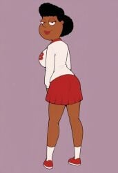 ai_generated black_hair cheerleader cheerleader_uniform dark-skinned_female family_guy from_behind looking_at_viewer looking_back rear_view smile solo unnamed_character