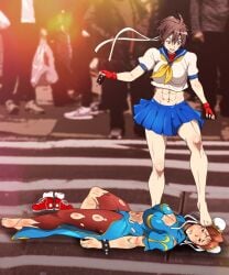 2girls abs capcom catfight chun-li defeat feet femdom highres humiliation kasugano_sakura multiple_girls powt ryona sakura_kasugano street_fighter tagme