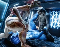 1girls 2boys absurd_res alien arm_grab balls bed bedroom big_breasts big_penis blue_body blue_hair commission cortana female female_penetrated forced halo_(series) hi_res holding_arm holding_leg ibie'shan kig-yar large_penis larger_male laying_on_back leg_grab leg_up looking_pleasured male male_penetrating male_penetrating_female missionary_position muscular muscular_male oral oral_sex sangheili spitroast stomach_bulge throat_bulge vaginal_penetration yupal