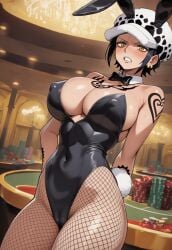 1girls ai_generated big_breasts bunny_ears bunny_girl bunnysuit cameltoe casino genderswap_(mtf) one_piece party playboy_bunny playboy_bunny_leotard public rule_63 servant serving_tray skimpy skimpy_clothes solo solo_focus trafalgar_law trafalgar_law_(female)