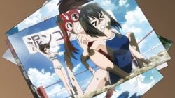 10s 3girls ass barefoot bikini black_eyes black_hair blue_one-piece_swimsuit blue_sky breasts brown_eyes brown_hair catfight clenched_teeth defeat fighting girls_und_panzer grabbing_from_behind grin happy high_ponytail highres kadotani_anzu kawashima_momo koyama_yuzu large_breasts long_hair looking_at_another lying mask medium_breasts mud mud_wrestling multiple_girls naughty_face navel one-piece_swimsuit photo_(object) ponytail red_eyes red_hair red_one-piece_swimsuit referee screencap short_hair sitting sitting_on_person sky smile striped_bikini striped_clothes swimsuit teeth trapped twintails wide_hips wrestling wrestling_mask wrestling_ring
