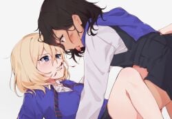 2girls andou_(girls_und_panzer) bc_freedom_school_uniform black_dress black_hair blonde_hair blood blood_trail blue_cardigan blue_eyes blue_neckwear brown_eyes cardigan catfight commentary dark-skinned_female dark_skin diagonal-striped_neckwear dress dress_shirt frown girls_und_panzer kneeling leaning_forward licking long_hair long_sleeves looking_at_another lying medium_hair messy_hair multiple_girls necktie nosebleed on_back open_mouth oshida_(girls_und_panzer) pinafore_dress pleated_dress school_uniform sesame_(sesame_mas) shirt short_dress simple_background sleeveless sleeveless_dress striped_neckwear sweater_around_neck tearing_up undone_necktie white_background white_shirt wing_collar yuri