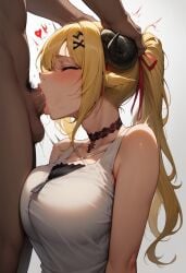 ai_generated blonde_hair blowjob blue_eyes breasts_squish deepthroat face_fucking head_grab heart hexd hololive horns irrumatio large_breasts rough_oral sheep_girl throat_bulge tsunomaki_watame