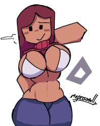 2d 2d_(artwork) blue_pants blush bra brown_hair exposed_midriff female female_only long_hair looking_at_viewer meperz red_turtleneck roblox robloxian signature simple_background smiling string_bra sweater_lift tan_skin topwear_lift turtleneck watermark white_background white_bra