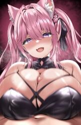 1boy animal_ears antenna_hair bare_shoulders black_dress black_ribbon blush braid breasts circussion cleavage dress female hair_intakes hair_ribbon hakui_koyori hakui_koyori_(dark_maid) hololive huge_breasts long_hair oerba_yun_fang open_mouth paizuri penis pink_background pink_eyes pink_hair ribbon skin_fang smile solo twintails virtual_youtuber wolf_ears wolf_girl