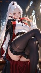 1girls ai_generated black_eyeliner black_nails black_panties black_shorts cape eyeliner fangs female female female_focus female_only front_view goth half-closed_eyes hi_res high_quality high_resolution highres long_hair long_ponytail medium_breasts nnnyr original_character panties perfect_body perfect_legs pointy_ears ponytail red_eyes shirt shorts shorts_down sitting sitting_on_table smiling solo solo_female solo_focus stable_diffusion taking_clothes_off tights vampire vampire_costume vampire_girl victorian white_hair white_shirt