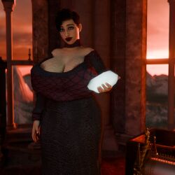 3d blender busty cleavage dawgbomb futanari intersex massive_breasts may_(dawgbomb) nipple_slip original_character spilling_breasts sunset witch