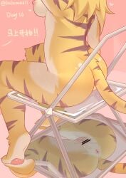 absurdres anus ass ass_focus back bar_censor barefoot body_fur breasts censored chair completely_nude facing_away female from_behind furry furry_female highres lalamedli mia_(world_flipper) nipples nude on_chair out_of_frame pawpads pink_background pussy pussy_juice reflection simple_background sitting tail tiger_girl tiger_stripes tiger_tail tiptoes twitter_username world_flipper