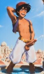 1boy ai_assisted ai_generated aladdin aladdin_(1992_disney_film) aladdin_(character) bare_chest bare_legs barefoot boner cum cumshot erection hairless hairless_balls harem_pants male masturbation nipples outdoors outside penis public public_nudity smooth_skin solo tan_body tan_skin twink