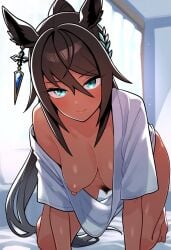 ai_generated animal_ears black_hair blue_eyes brown_skin brown_skinned_female female horse_girl long_hair nipples ponytail shirt shirt_only symboli_kris_s_(umamusume) umamusume umamusume_pretty_derby
