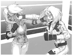 2girls aisha_(rumble_roses) blood bruise catfight commission dixie_clemets female midriff multiple_girls muscular muscular_female pants pixiv_commission punching rggr rumble_roses tagme wrestling_ring