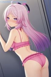1female 1girl 1girls :t ahoge ai_generated ass back bare_arms bare_shoulders blush bra breasts citlali_(genshin_impact) closed_mouth commentary_request cowboy_shot face_mark female female_focus female_only forehead_mark frilled_bikini frilled_bra frilled_panties frills from_behind genshin_impact gradient_hair halo long_hair looking_at_viewer looking_back medium_breasts multicolored_hair panties parted_bangs pink_bra pink_hair pink_panties pout pouting purple_eyes purple_hair solo underwear underwear_only zelanell