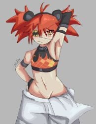 armpits arms_up belly crop_top eye_patch female female_only flat_chest koleda_belobog light_skin red_hair small_breasts solo zenless_zone_zero
