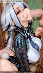 :>= ai_generated ass blush breasts cuckingmama cum cum_in_mouth cum_on_body cum_on_breasts cum_on_clothes facial fellatio female half-closed_eyes large_breasts lips long_hair looking_up low_twintails nude oral overflow penis pointy_ears rabbit_tail red_eyes silver_hair solo_focus straight tagme tail