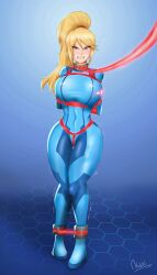 1girls angry angry_expression angry_face ankle_cuffs arms_behind_back blonde_hair blue_eyes bondage bound bound_arms box_tie clenched_teeth collar crotch_rope female female_only femsub fully_clothed latex latex_clothing leash metal_collar metal_cuffs metroid ponytail rope samus_aran shiny_clothes tight_clothing tightnudel zero_suit zero_suit_samus