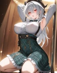 ai_generated armpits arms_up big_ass big_breasts blush female female_only girl nipple_bulge open_mouth red_eyes sitting sweat thick_thighs tight_clothing white_hair wife_material zani_(wuthering_waves)