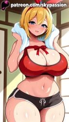 1girls 2025 ai_assisted ai_generated anime artist_name belly big_breasts blonde_hair blue_eyes blush breasts bust chest cleavage clothed_female curvy female_focus female_only fur-trimmed_capelet fur_trim giant_breasts hairband heavy_breasts hi_res high_quality high_resolution highres huge_boobs huge_breasts looking_at_viewer massive_boobs massive_breasts navel open_mouth patreon patreon_username petra_leyte plump re:zero_kara_hajimeru_isekai_seikatsu red_ribbon ribbon shiny_skin short_hair short_shorts shorts skypassion smile solo sports_bra sports_shorts sports_uniform sportswear stable_diffusion sweat thick_thighs thighs towel towel_around_neck watermark wide_hips