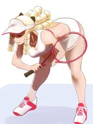 2d artist_request athletic athletic_female blonde_hair busty drill_hair female female_focus female_only hourglass_figure karin_kanzuki long_hair street_fighter tagme tennis_racket tennis_uniform wide_hips