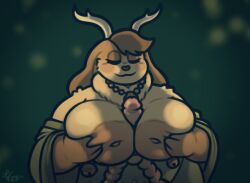 2025 4_fingers anthro antlers areola arm_tuft belt big_areola big_breasts biped breast_play breasts brown_body brown_fur brown_hair closed_eyes clothing countershade_face countershade_fur countershading dewlap_(anatomy) disembodied_penis erection female fingers fur furry genitals green_background green_clothing green_robe hair hattiestgal hinoki_(naycelium) holding_breast horn huge_areola huge_breasts inverted_nipples jackalope jewelry lagomorph male mammal mature_anthro mature_female necklace nipples penis robe rope rope_belt sex short_hair shoulder_tuft signature simple_background smile solo tan_body tan_fur titjob tuft