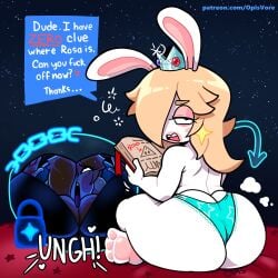 2d 2d_(artwork) 2girls annoyed annoyed_expression anthro artist_name big_ass big_butt blonde blonde_female blonde_hair book bunny bunny_ears bunny_girl clothing_transformation color colored crown dialogue digital_media digital_media_(artwork) english_text fat_ass female female_only furry grunting hi_res highres holding holding_book holding_object huge_ass huge_butt human inanimate_transformation lock mario_(series) mario_+_rabbids night night_sky nintendo opis panties panties_transformation patreon patreon_username post_transformation princess_rosalina rabbid rabbid_rosalina rabbit rabbit_ears rabbit_girl sitting sitting_cross_legged speech speech_bubble stars status_effect talking text thick_thighs transformation twitter_link underwear_transformation white_fur