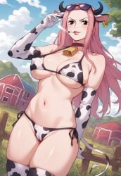 1girls ai_generated alternate_costume bare_shoulders big_breasts black_hair blue_eyes breast_press breasts bridal_gauntlets cleavage clothing collar collarbone cow_ears cow_girl cow_horns cow_print cowbell curvy earrings elbow_gloves eyelashes eyepatch_bikini female female_focus female_only garter_belt garter_straps gloves grey_background half-closed_eyes hina_(one_piece) hips horn hucow huge_breasts human jewelry large_breasts legwear lingerie looking_up naughty_face navel on_knees one_piece open_mouth pinup pressing_breasts_together revealing_clothes seductive sideboob simple_background skimpy skindentation solo solo_female stockings teeth thick_thighs thighhighs toeless_legwear tongue tongue_out very_long_hair voluptuous wide_hips
