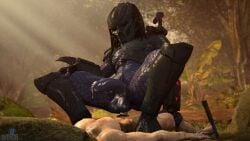 3d_(artwork) alien alien_humanoid anal anal_sex armada_(artist) balls big_balls big_penis bodily_fluids cowgirl_position cum cum_drip cum_dripping_from_penis digital_media_(artwork) dreadlocks dripping duo forest from_front_position garry's_mod gay genital_fluids genitals hand_on_leg hi_res human humanoid interspecies jungle knife male male/male mammal mask net on_bottom on_top penetration penile penile_penetration penis penis_in_ass plant power_bottom predator_(franchise) pubes purple_body purple_skin sex tree yautja