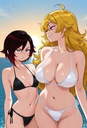 2girls ai_generated annoyed annoyed_expression beach_background big_breasts bikini blonde_female blonde_hair female_only long_hair meme mother_daughter_boob_envy_(meme) ruby_rose rwby sisters small_breasts smile smug smug_face smug_smile tagme yang_xiao_long