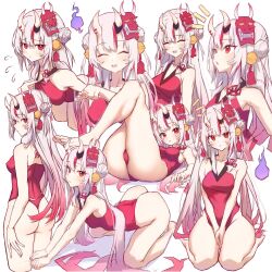 ass barefoot butt feet grey_hair hololive hololive_gen_2 hololive_japan nakiri_ayame one-piece_swimsuit oni oni_female oni_horns swimsuit thick_thighs thighs
