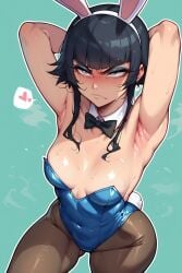 ai_generated angry_expression armpits arms_up athletic_female bare_thighs black_hair bleach blue_eyes blush bunny_ears bunny_girl bunny_tail bunnysuit embarrassed huge_thighs light-skinned_female light_skin rabbit_ears short_hair shounen_jump small_breasts soifon solo_female squatting sweat sweatdrop thick_thighs thighs voluptuous voluptuous_female yashugai