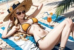 abs ai_generated beach bikini bikini_babes bikini_strapsbikini_babes blonde_hair blonde_hair_female blue_eyes cleavage curvy curvy_body curvy_female curvy_figure curvy_hips curvy_thighs female genshin_impact katslantis large_breasts long_legs micro_bikini navia_(genshin_impact) nipple_bulge nipples_visible_through_clothing palm_tree seductive_smile see-through see-through_clothing sideboob slim_waist smile soft_breasts solo stomach_bulge string_bikini suggestive sun_hat sunglasses tinted_eyewear towel underboob wet wet_bikini wet_hair wet_skin wide_hips